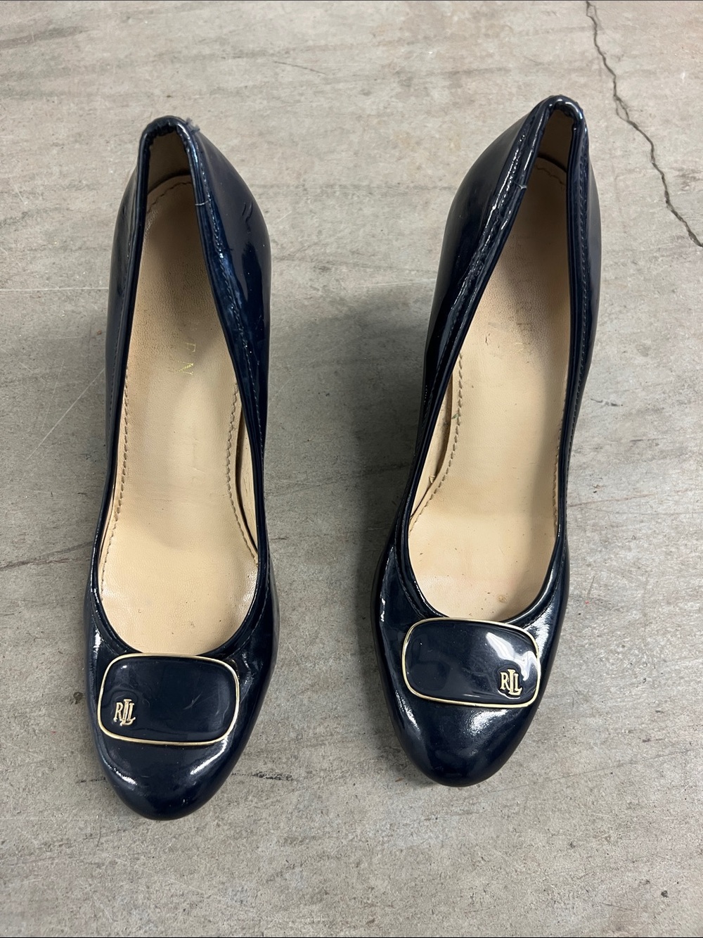 Ralph Lauren Navy Patent Leather Pumps with Gold RL Medallion